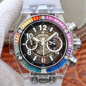 Replica Hublot Big Bang Unico 411.JX.4802.RT Colorful Diamonds Bezel Skeleton Dial