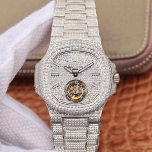 Replica Patek Philippe Nautilus Jumbo 5711 Tourbillon R8 Factory 18K White Gold Diamond Dial