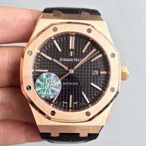 Replica Audemars Piguet Royal Oak 15400 JF Factory Leather Strap Black Dial