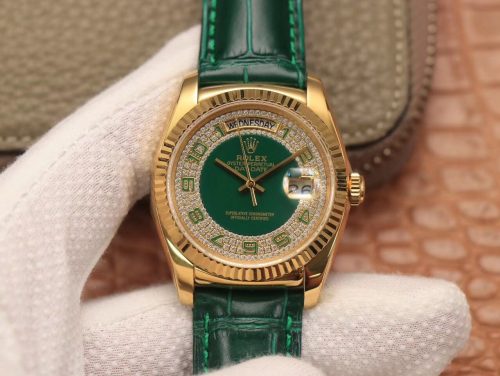 Replica Rolex Day-Date 36mm Green Enamel Diamond Gypsophila Gold dial watch