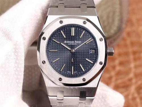 Replica Audemars Piguet Royal Oak “JUMBO” Extra-thin 15202ST.OO.1240ST.01 XF Factory Stainlless Steel Cufflinks Blue "TAPISSERIE" Pattern